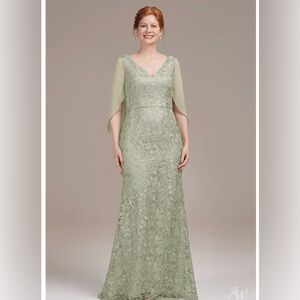New AW Bridal Sage Lace Embroidery Chiffon Cape Sleeve Maxi 12